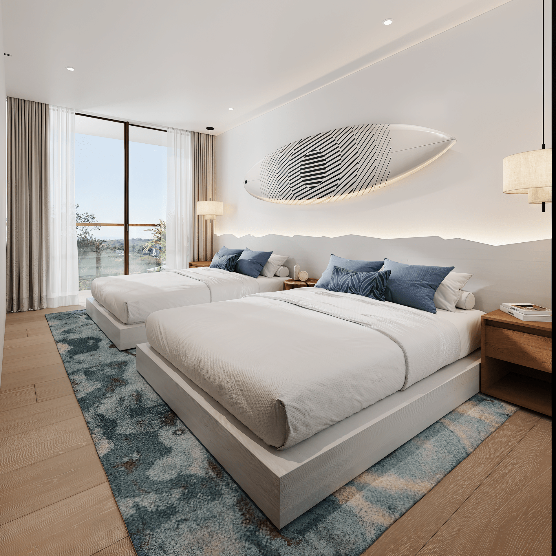 Modern bedroom with two beds, a large window, and a decorative surfboard on the wall.