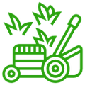A green lawn mower with leaves coming out of it.