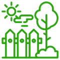 A green line drawing of a fence , trees , and sun.