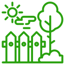 A green line drawing of a fence , trees , and sun.