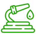 A green line icon of a hose with a drop of water coming out of it.