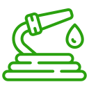 A green line icon of a hose with a drop of water coming out of it.