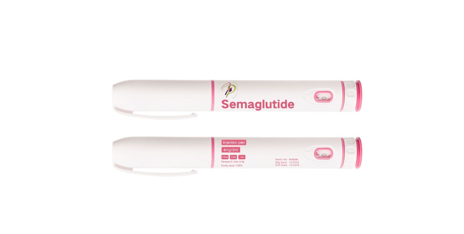 A pair of semaglutide pens on a white background.