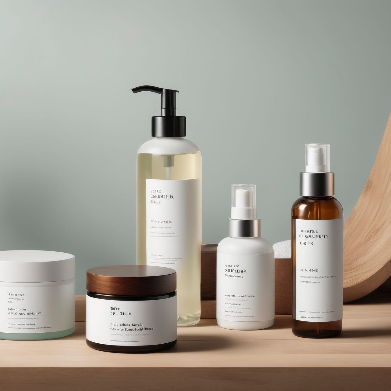 Several bottles of skincare products are on a wooden shelf