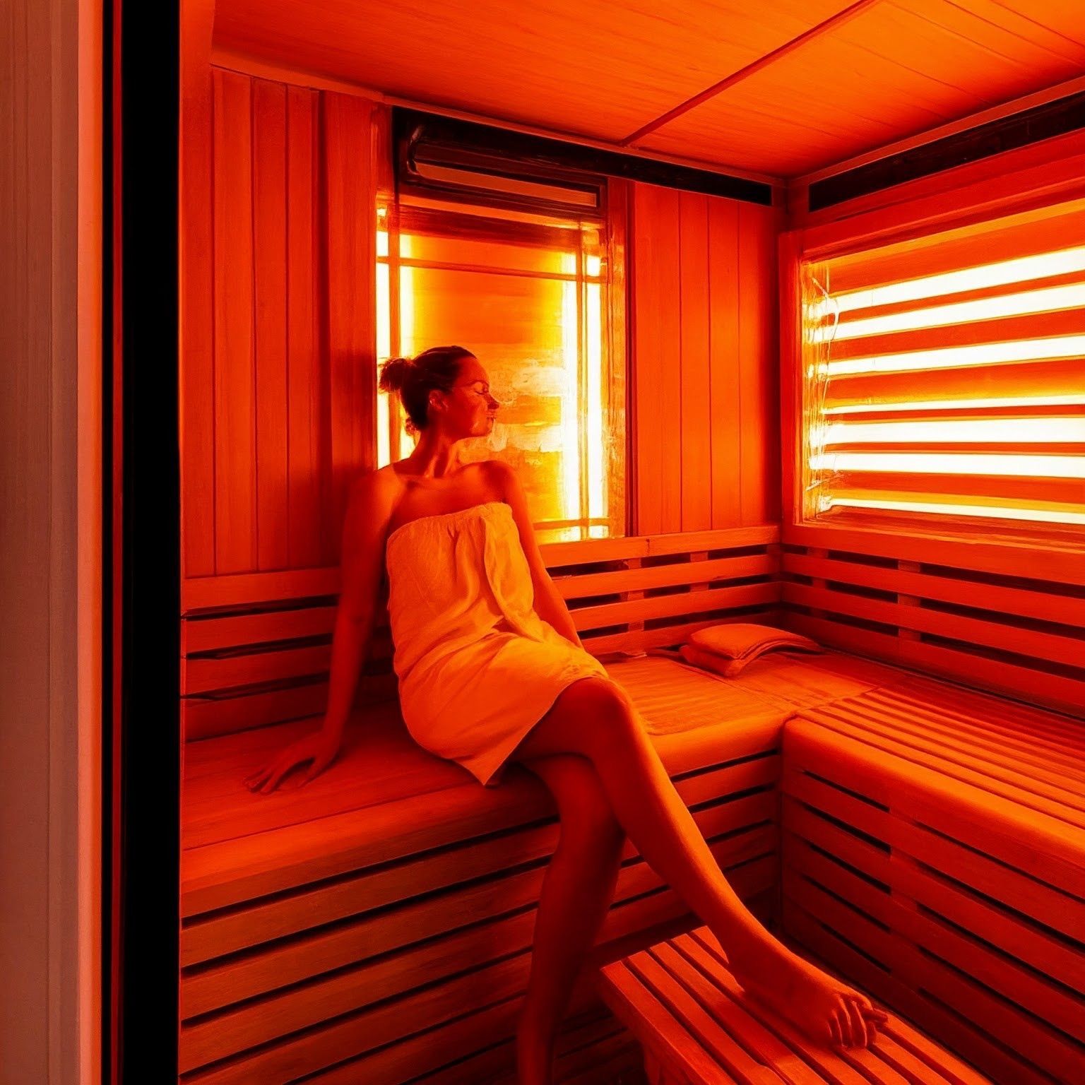 A woman wrapped in a towel is sitting in a wooden sauna