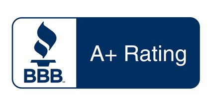 BBB A+ rating logo. White left section with torch symbol, blue right section with "A+ Rating" text.