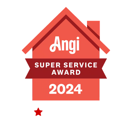 Angi Super Service Award 2024 badge. Red house shape with Angi logo, banner, and year. Small red star below.