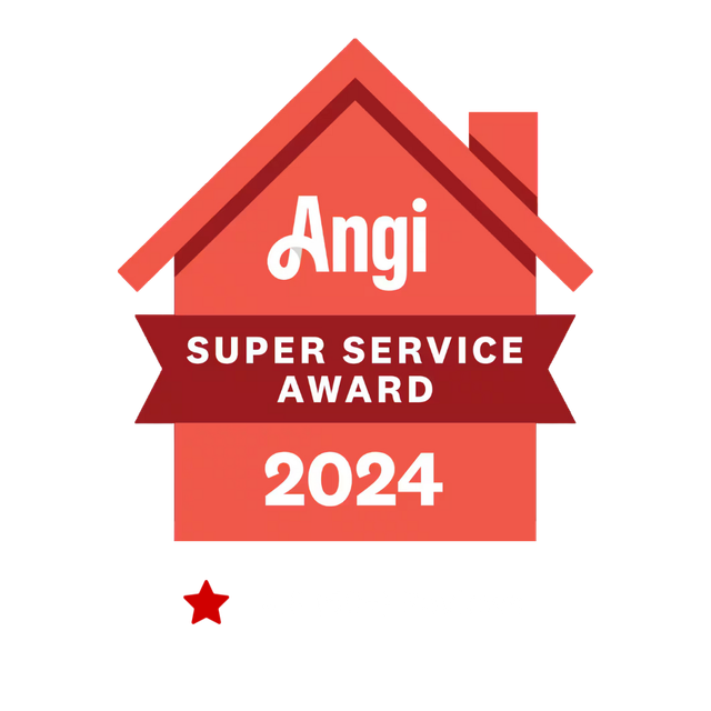 Angi Super Service Award 2024 badge. Red house shape with Angi logo, banner, and year. Small red star below.