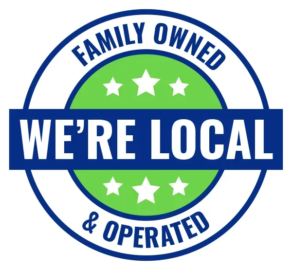 Circular badge: blue and green design. Text reads "Family Owned & Operated" and "We're Local." Four stars.