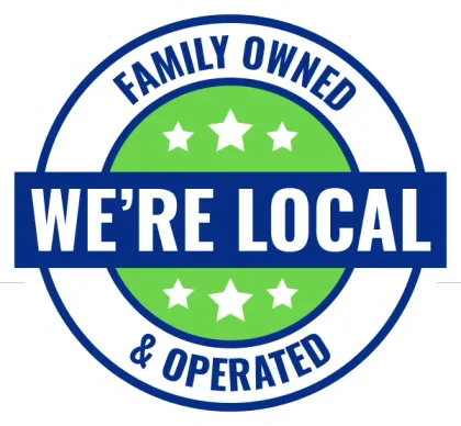 Circular badge: blue and green design. Text reads "Family Owned & Operated" and "We're Local." Four stars.