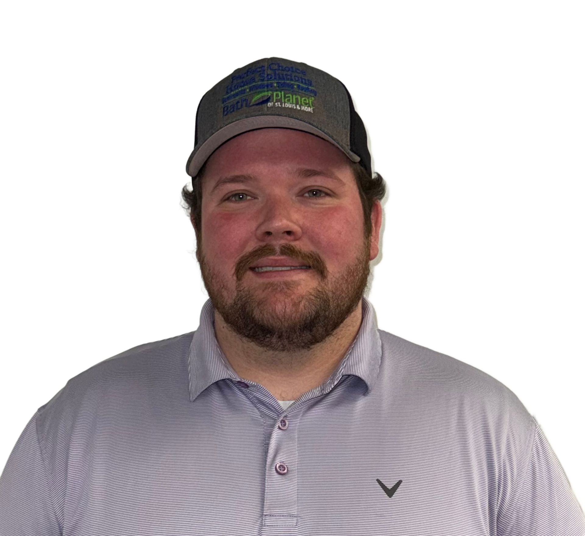 Man wearing a hat in a striped polo shirt against a white background.
