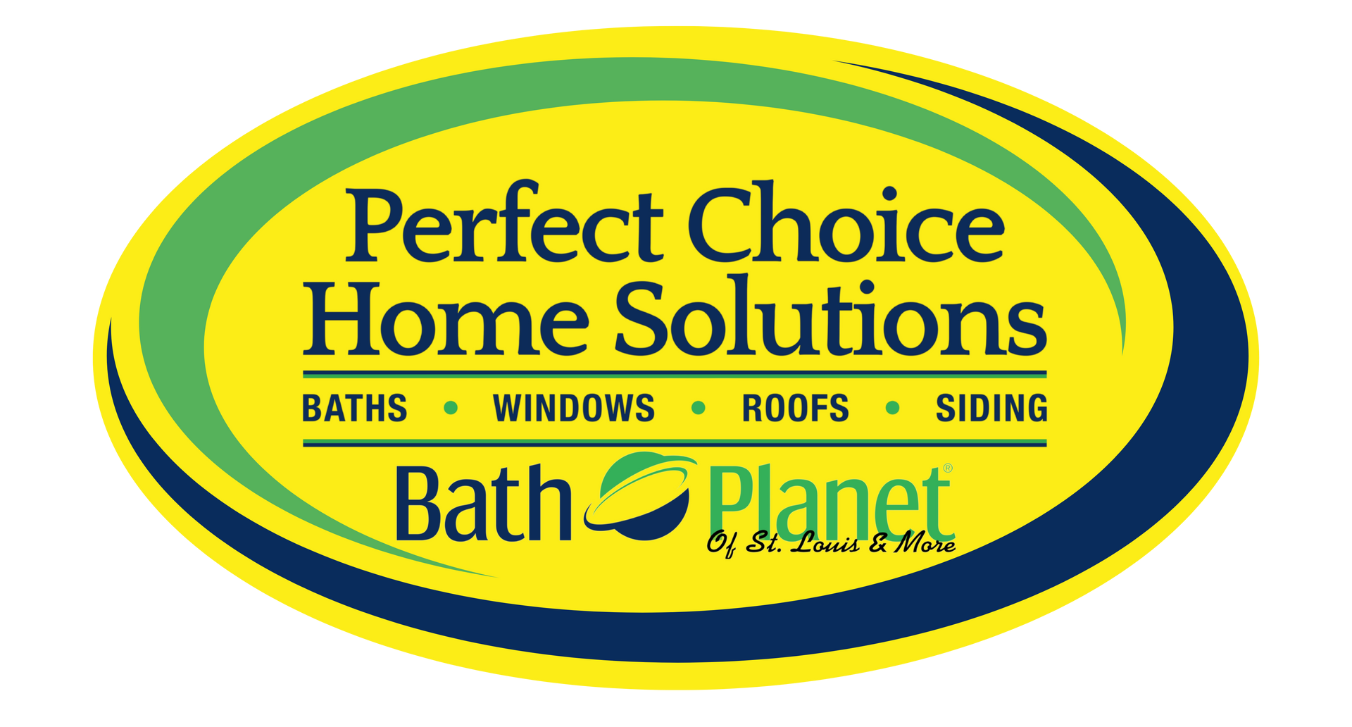 Logo for Perfect Choice Home Solutions, with text and a stylized bath symbol within a green and blue oval, listing home services.