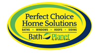 Logo for Perfect Choice Home Solutions, with text and a stylized bath symbol within a green and blue oval, listing home services.