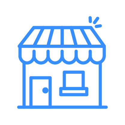 Blue outlined shop with awning, door, and window.