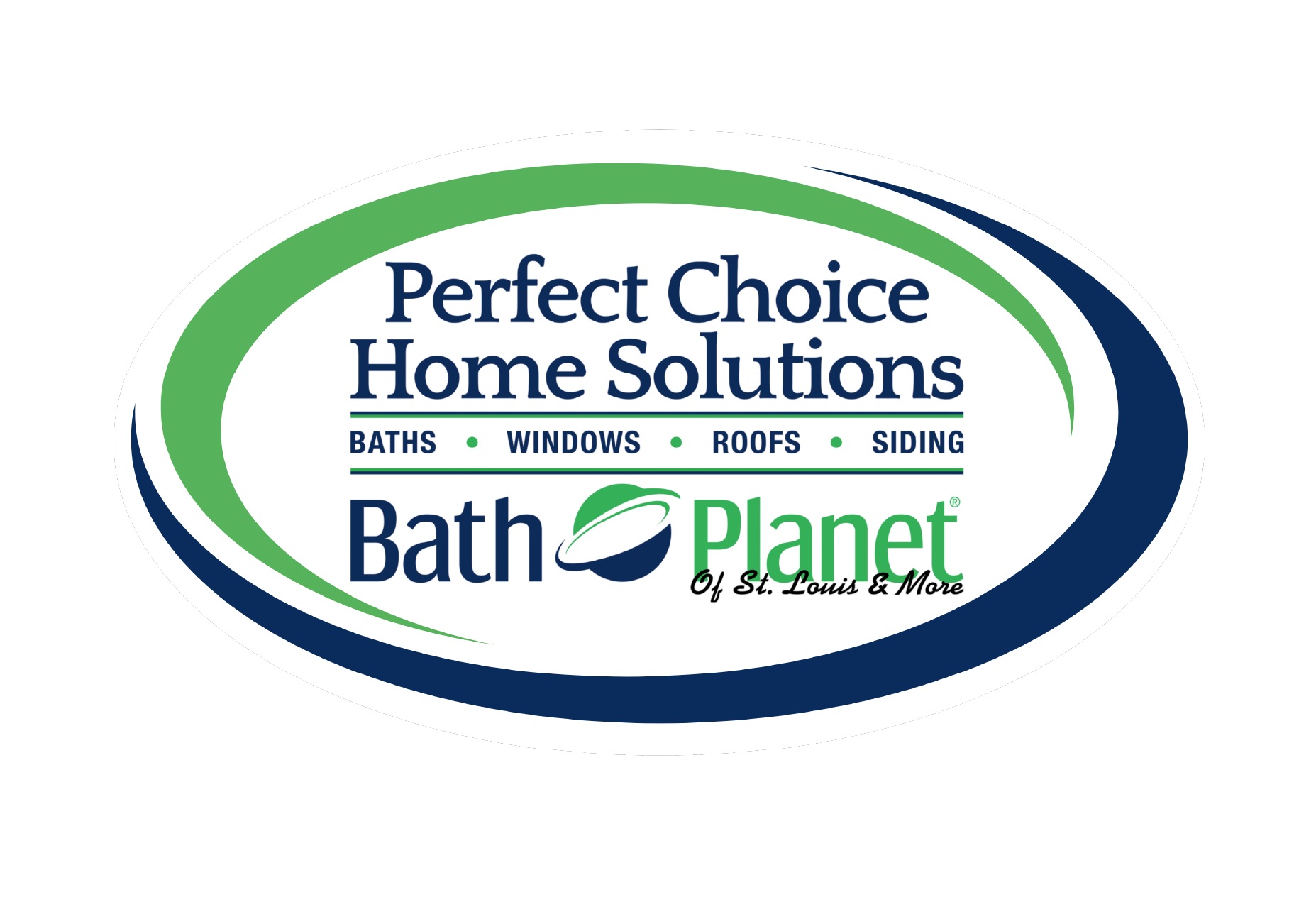 Logo for Perfect Choice Home Solutions, Bath Planet. Oval frame in blue and green, with text and brand names inside.