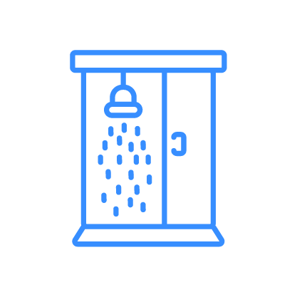Blue outline of a shower stall with a showerhead and water droplets.