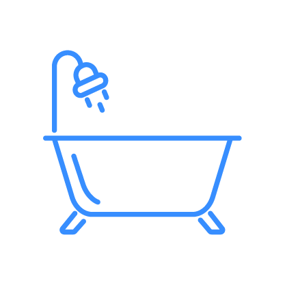 Blue outline of a bathtub with a shower head above, spraying water.