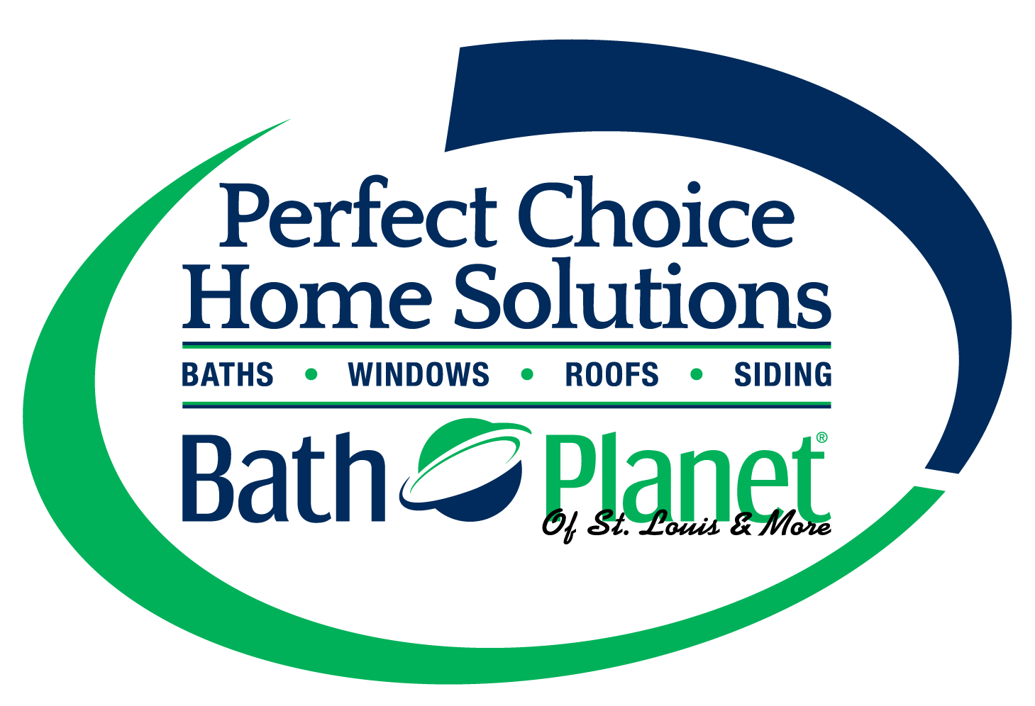 Logo for Perfect Choice Home Solutions and Bath Planet, green and blue. Text includes services.