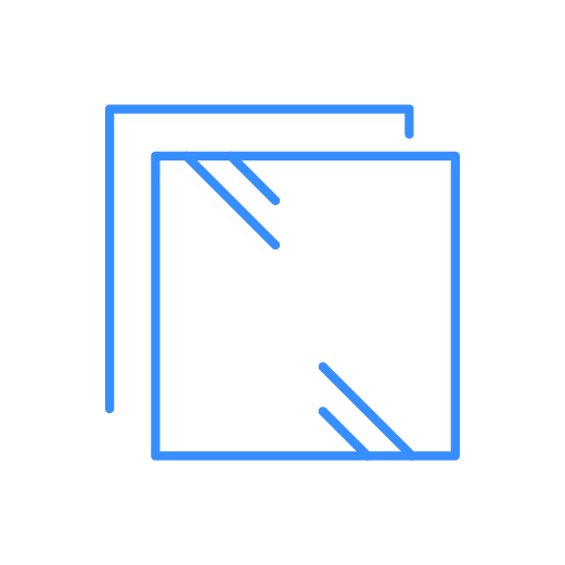 Two blue squares, one slightly offset from the other, with diagonal lines inside the front square.