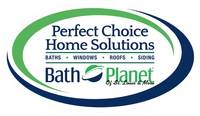 Logo for Perfect Choice Home Solutions, with text and a stylized bath symbol within a green and blue oval, listing home services.