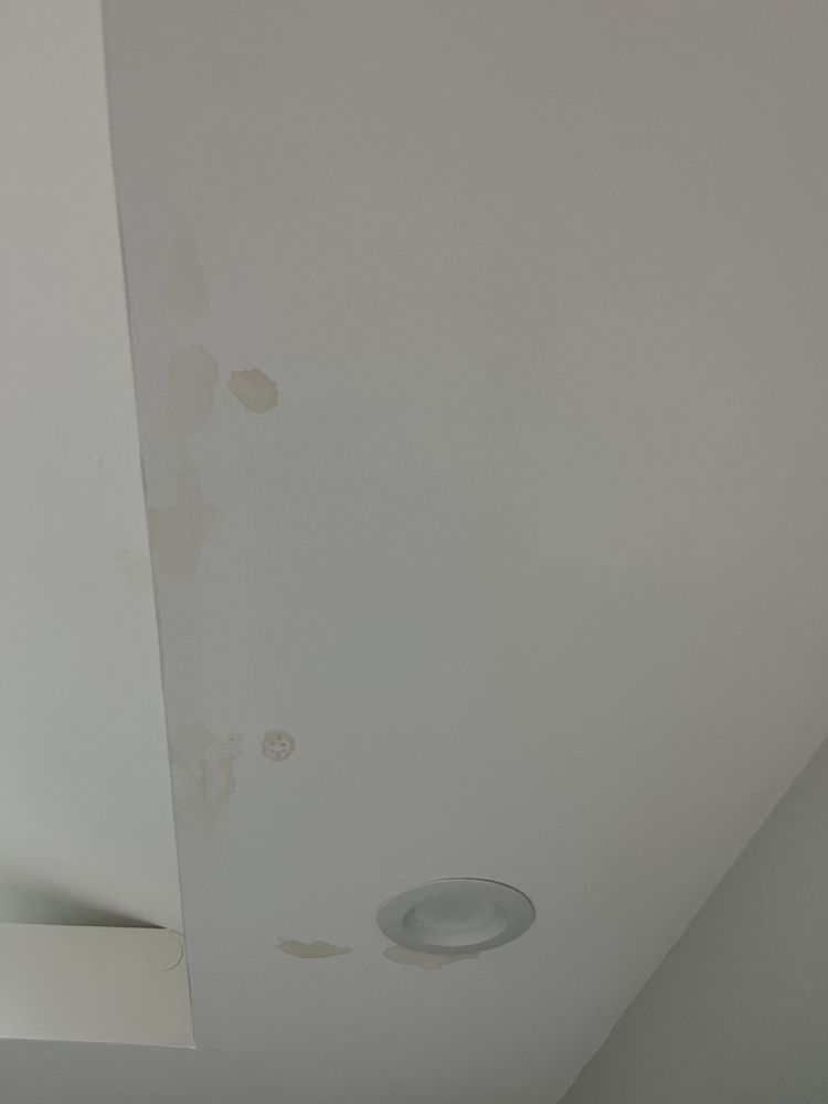 White ceiling with water stains, two recessed lights.