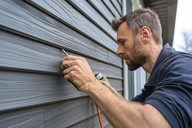 Homeowner inspecting vinyl siding for damage after winter in Central Illinois
