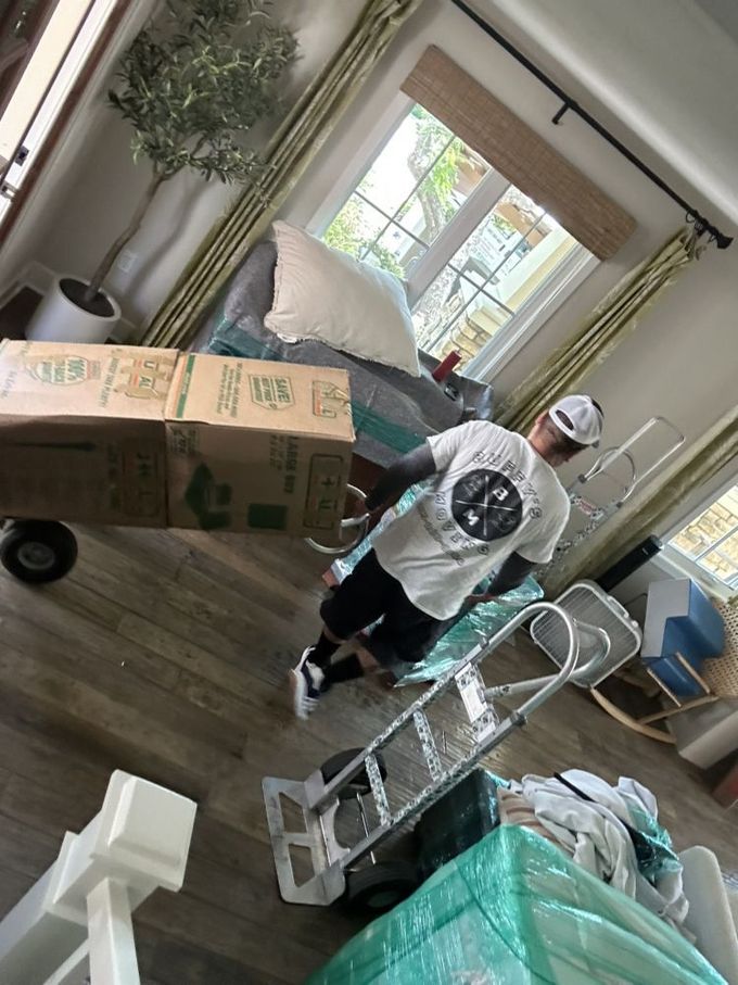 Man moving furniture with a hand truck indoors. Boxes, wrapped items, and an olive tree are visible.