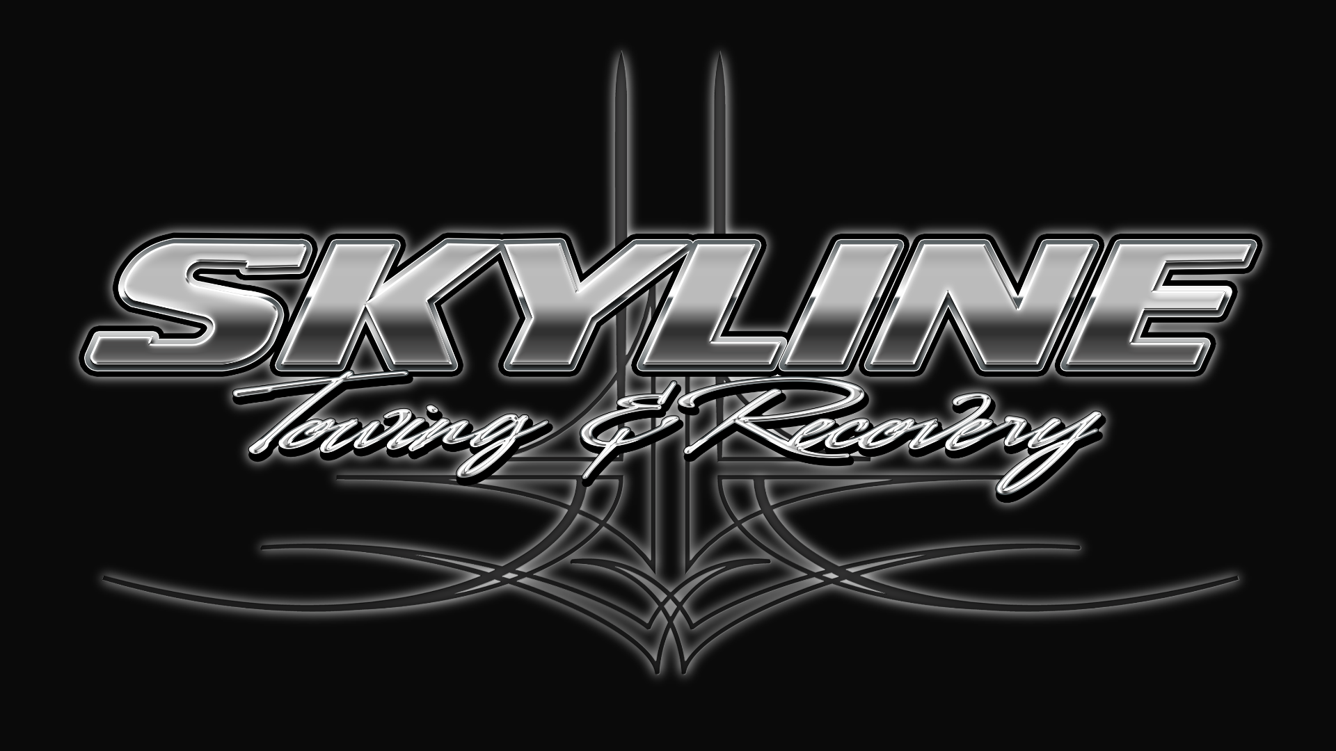 Logo for "Skyline Towing & Recovery" with chrome-style text and intricate pinstripe flourishes on a black background.