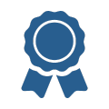 A blue ribbon with a white circle in the middle on a white background.