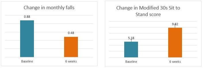 A graph showing a change in monthly falls and a graph showing a change in modified sit to stand score.