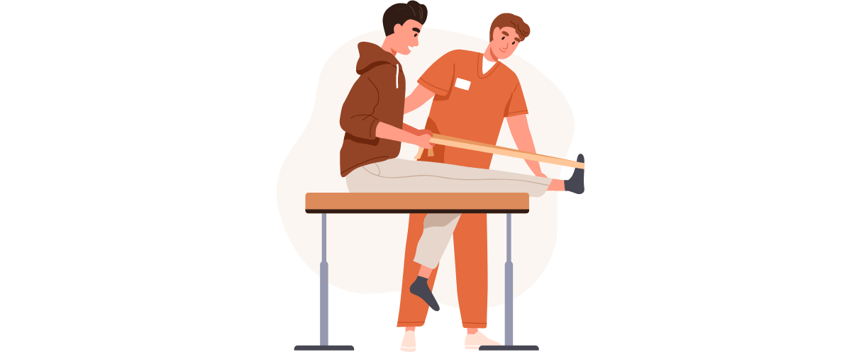 A man is sitting at a table while a doctor measures his leg with a tape measure.