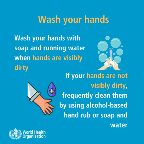 A blue poster that says wash your hands with soap and running water when hands are visibly dirty