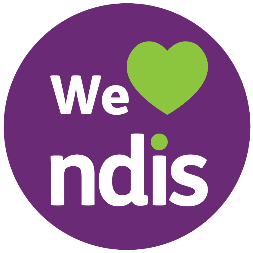 A purple circle with the words `` we love ndis '' and a green heart.