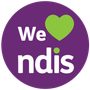 A purple circle with the words `` we love ndis '' and a green heart.