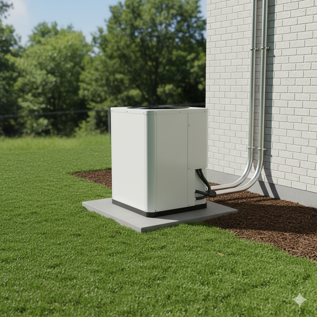 White air conditioner unit next to a brick wall on a concrete slab, in a grassy yard.