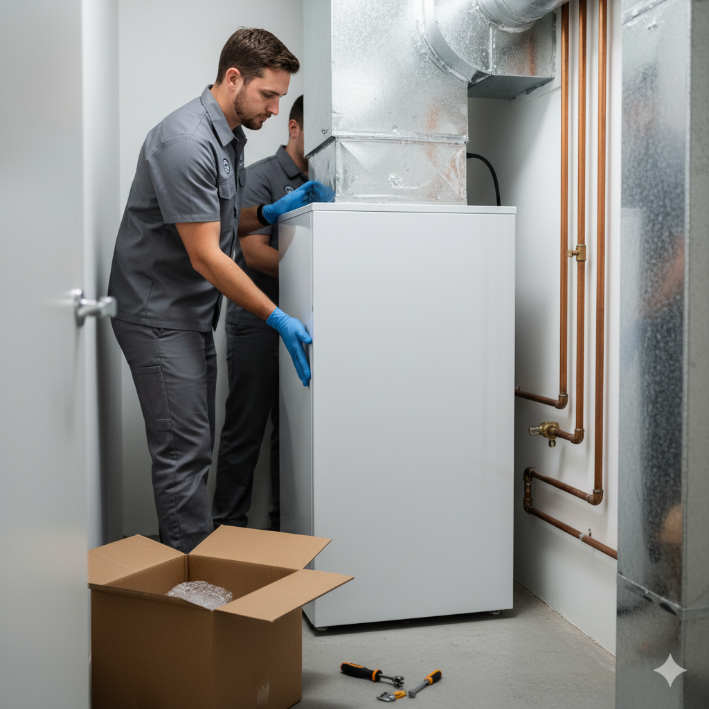 Two HVAC technicians installing a white appliance in a utility room.