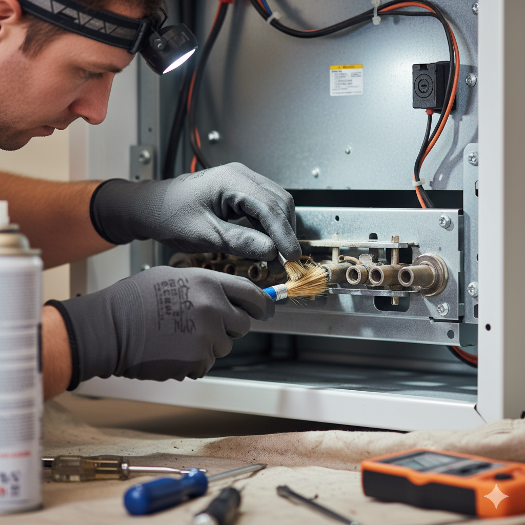 A man in gloves repairs HVAC system, illuminated by headlamp. Tools and spray can are on the floor.