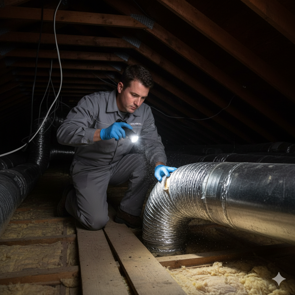 Man inspecting ductwork in a dark attic, holding flashlight, wearing gloves and coveralls.