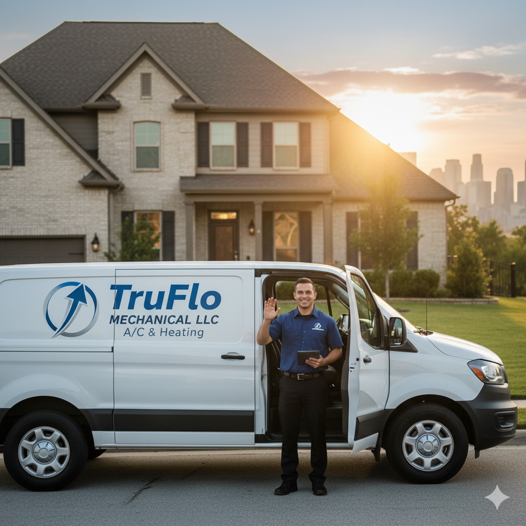 Man in blue shirt waves from white TruFlo Mechanical van in front of a house with a city skyline.