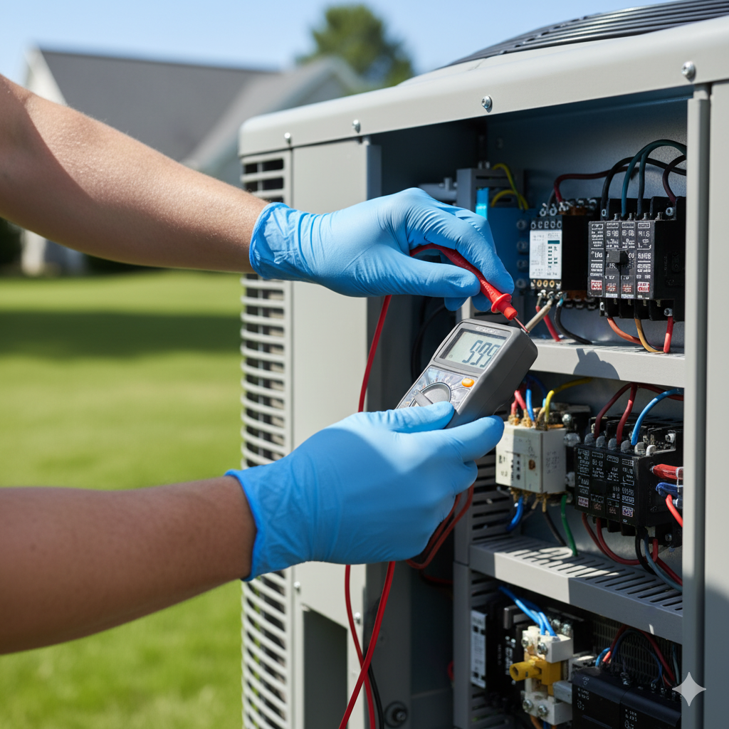 A technician in blue gloves tests an AC unit's electrical components with a multimeter outdoors.