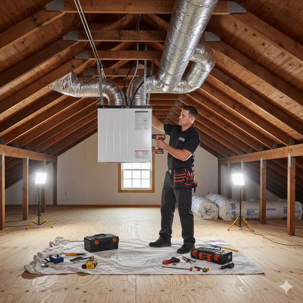 A man in an attic installing an HVAC unit, using a power drill, with tools spread out on a cloth.