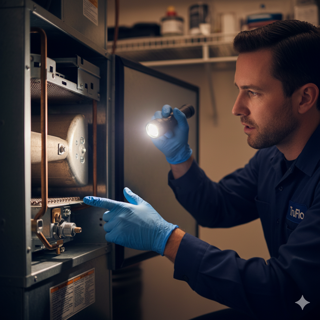 HVAC technician in a dark room inspecting a furnace with a flashlight, wearing gloves.