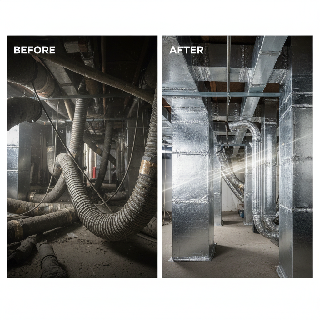 Before and after of a cluttered and dirty crawl space transformed into a clean space with new ductwork.