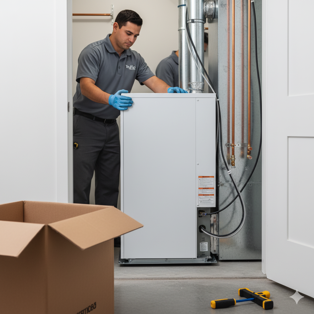 HVAC technician installing a furnace in a utility room; another worker assists. Cardboard box and tools nearby.
