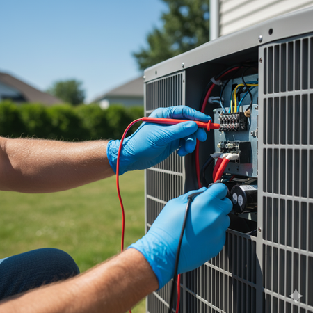 Person in blue gloves testing an air conditioner's electrical components with a multimeter outdoors.