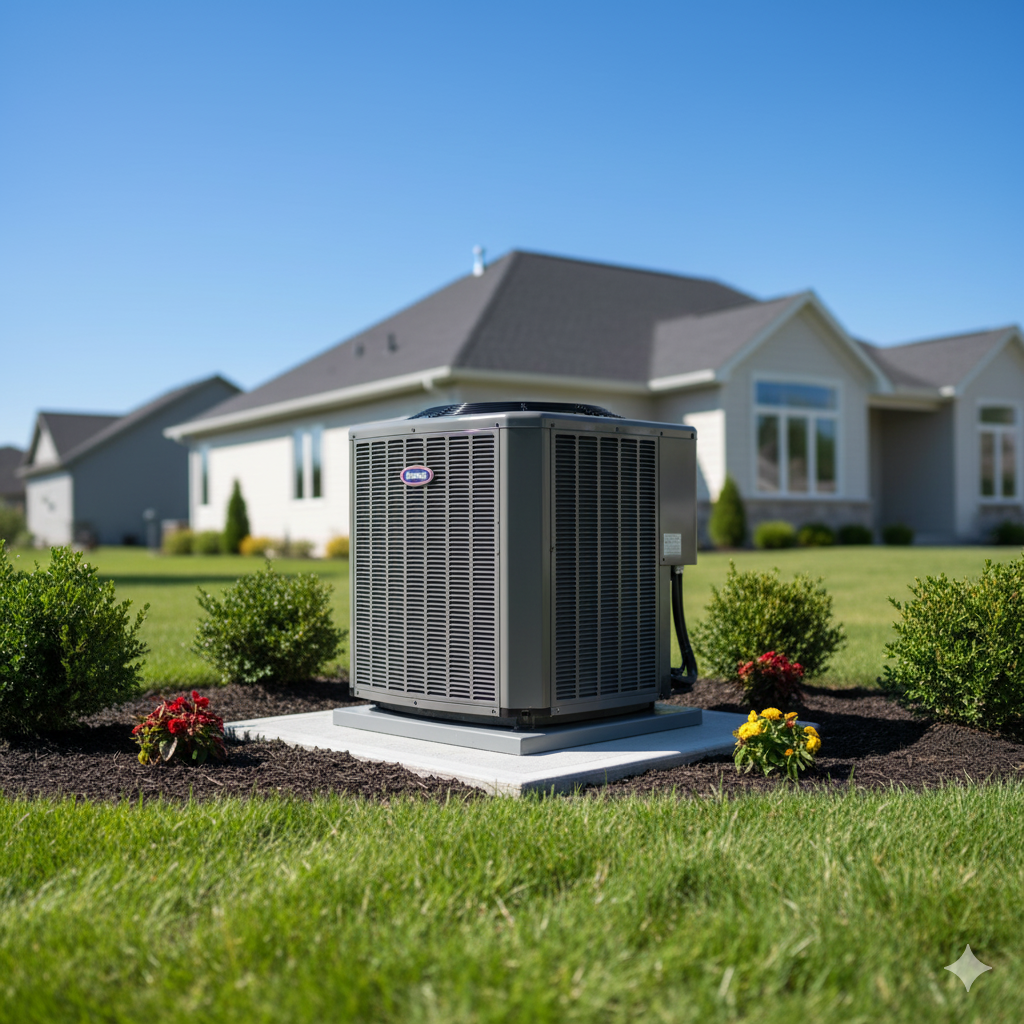 Central air conditioning unit in a landscaped yard, in front of a house.