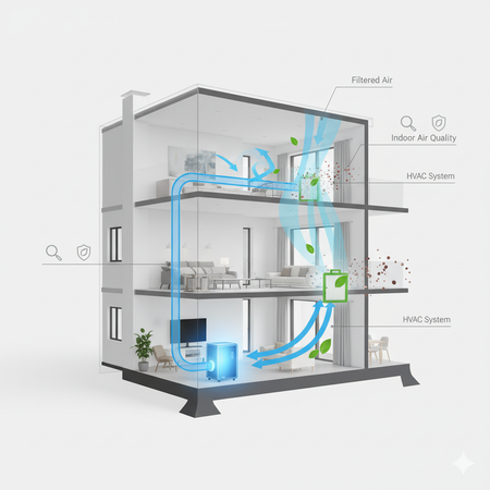Diagram of a multi-story building with an air purifier system, showing air flow and filtration.