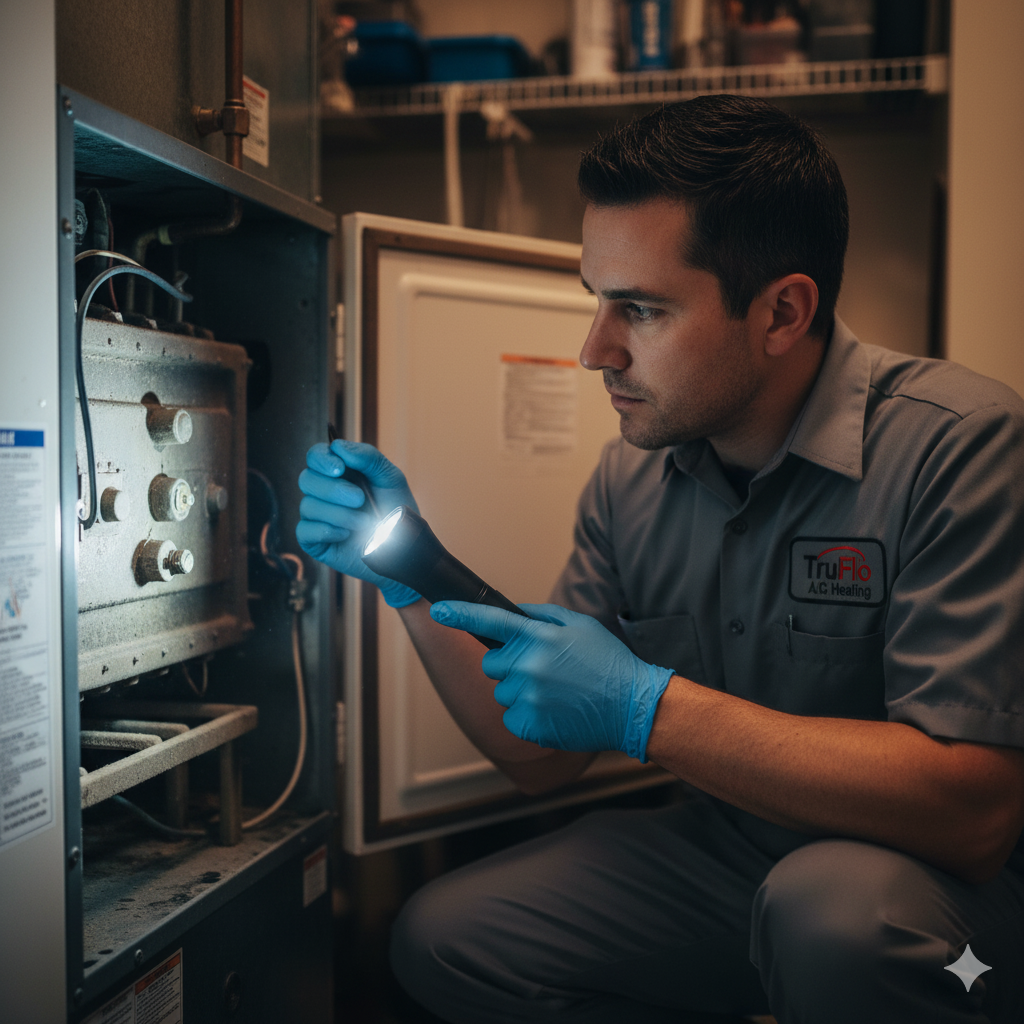 HVAC technician examining a furnace with a flashlight, wearing blue gloves, in a utility room.