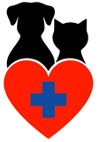 Siluetas de perros y gatos sobre un corazón rojo con una cruz azul, que representa el cuidado de las mascotas.