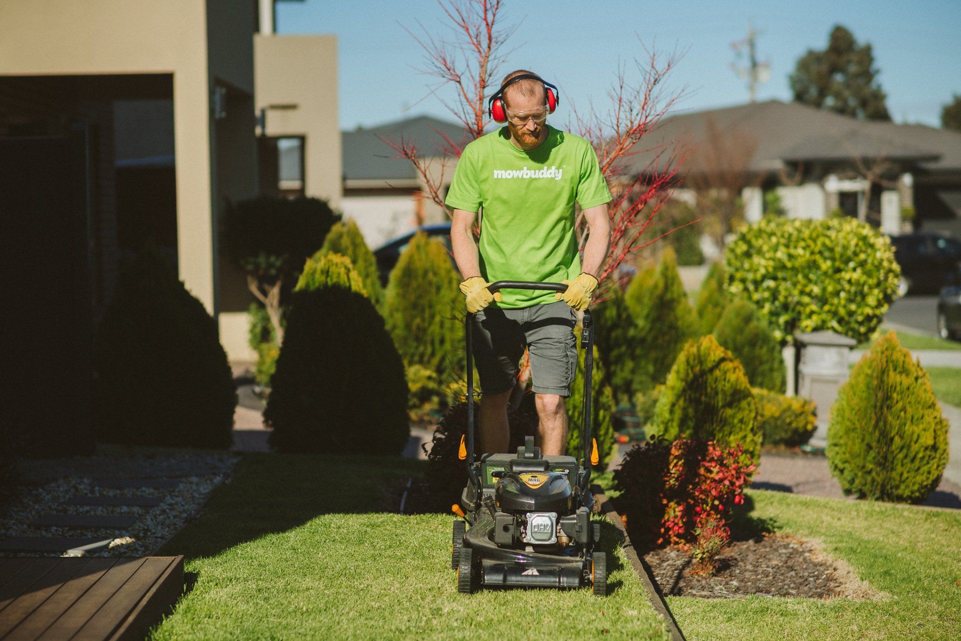 Mowbuddy gardener mowing a beautiful front lawn